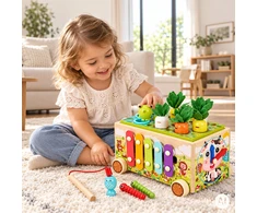 Medinis 8-in-1 varlės formos lavinamasis kubas su vaikštyne, formų rūšiuokliu, ksilofonu ir kirmėlių žvejyba ECOTOYS