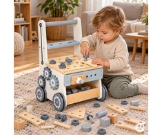 Medinis vaikiškas darbastalis su stumduku ir įrankiais, 34 dalys ECOTOYS