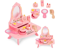 Medinis vaikiškas kosmetinis staliukas su veidrodžiu ir stalčiumi, 7 priedai, ECOTOYS