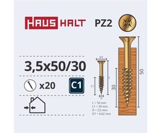 Medsraigčiai Haushalt, 3,5 x 50/30 mm, ZN, PZ2, 20 vnt.