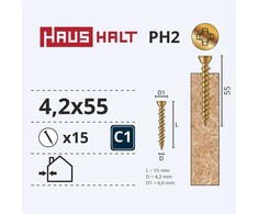 Medsraigčiai Haushalt, 4,2 x 55 mm, ZN, PH, 15 vnt.