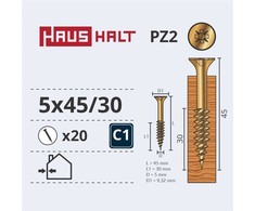 Medsraigčiai Haushalt, 5 x 45/30 mm, ZN, PZ2, 20 vnt.