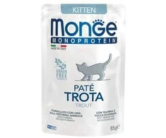 Monge Monoprotein Kitten begrūdis konservuotas pašaras jaunoms katėms su upėtakiu 85g