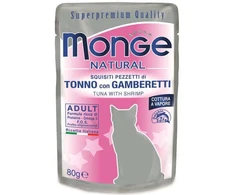 Monge Natural konservai pašaras suaugusioms katėms tuno kąsneliai su krevetėmis želėje 80g