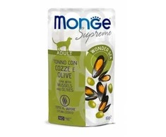 Monge SUPREME - Cat Wet Pouches su tunu, midijomis ir alyvuogėmis - suaugusioms katėms (80g)
