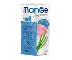 Monge SUPREME - Cat Wet Pouches su tunu, kefale ir šparaginėmis pupelėmis - sterilizuotoms katėms (80g)