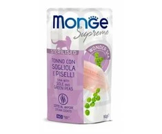 Monge SUPREME - Cat Wet Pouches su tunu, jūrų liežuviu ir žaliais žirneliais - sterilizuotoms katėms (80g)