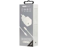 Musthavz Nano įkroviklis 20W + USB-C/Lightning kabelis, baltos spalvos