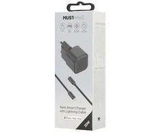 Musthavz Nano įkroviklis 20W + USB-C/Lightning kabelis, juodos spalvos