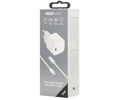 Musthavz Nano įkroviklis 30W + USB-C/USB-C kabelis, baltos spalvos