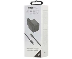 Musthavz Nano įkroviklis 30W + USB-C/USB-C kabelis, juodos spalvos