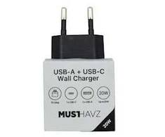 Musthavz to Go 2 Port PD įkroviklis USB-A + USB-C 20W, juodos spalvos