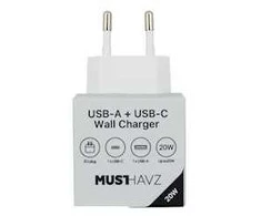 Musthavz to Go 2 Port PD įkroviklis USB-A + USB-C 20W, baltos spalvos