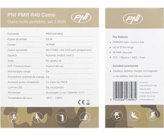 Nešiojama radijo stotelė PNI PMR R40 Camo, 2 vnt. komplektas, 0,5 W, 16 programuojamų kanalų, 16 PMR ir 50 CTCSS bei 104 DCS tonų, ASQ, TOT, monitorius, programuojama, 1200 mAh baterijos, įkrovikliai ir ausinės komplekte