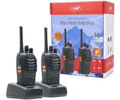 Nešiojama radijo stotelė PNI PMR R40 Pro, komplektas iš 2 vnt., 0.5W, ASQ, TOT, monitorius, programuojama, 1200mAh baterijos, įkrovikliai ir ausinės komplekte
