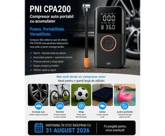 Nešiojamas automobilinis kompresorius su PNI CPA200 baterija 20l/min, 150 PSI, skaitmeninis ekranas, automatinis išsijungimas, dėklas, LED žibintuvėlis, „power bank“ funkcija Li-Ion 1800mAh 20Wh, USB 5V 2A