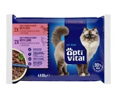 Katės maistas - OptiVital ėrienos ir jautienos maišeliai (drėgnas maistas, 4x85g)