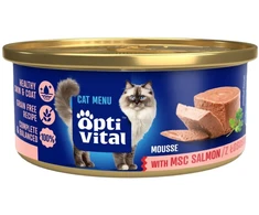 Kačių maistas - OptiVital Mini konservai su lašiša 85g be glitimo
