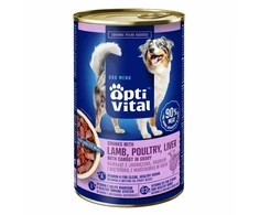 OptiVital skardinė - sultingi vištienos kepenėlių gabaliukai šunims su ėriena ir padažu, 1250 g