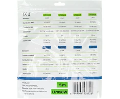 Plokščias tinklo kabelis S/STP CAT7 PNI U7050W, 2 x RJ45, 4 laidų poros, 32AWG, varinis, 10 Gbps, 600 MHz, 5m, baltas