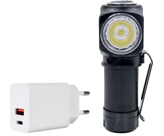 PNI Adventure F75 priekinis žibintuvėlis su 6W LED, 600 lm, pagamintas iš aliuminio, su baterija ir PNI CHG300 maitinimo adapteriu su USB C prievadu, QC3.0, PD3.0, PPS ir USB-A prievadu, 30W