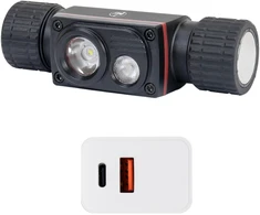 PNI Adventure F80 dvigubas LED galvos žibintuvėlis, 1000 lm, 6W, 2200 mAh, IP68, pakuotėje yra PNI CHG300 maitinimo šaltinis