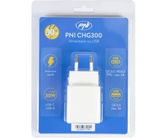 PNI CHG300 maitinimo adapteris su USB C prievadu, QC3.0, PD3.0, PPS ir USB-A prievadu, 30W