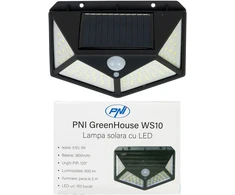PNI GreenHouse WS10 LED saulės energija įkraunamas šviestuvas, 100 LED, 600 lm, PIR kampas 120 laipsnių, baterija 1800 mAh, montuojamas ant sienos
