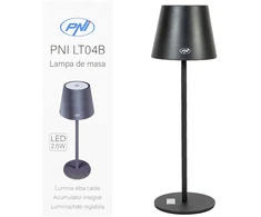 PNI LT04B stalinė lempa su 2,5W LED, 1200 mAh baterija, įkrovimas per USB-C, 150 liumenų, šilta balta šviesa 3000K, spalva juoda