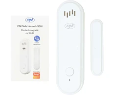 PNI Safe House HS301 magnetinis kontaktas su „Wi-Fi“, skirtas durų/langų stebėjimui per „Tuya Smart“ programėlę, 80 dB garsinis signalas, integruotas garsiakalbis, reguliuojamas garsumas, įjungimo/išjungimo funkcija, 3V maitinimo šaltinis