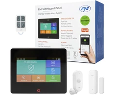 PNI SafeHouse HS670 WiFi GSM 4G belaidė signalizacijos sistema, spalvotas jutiklinis ekranas, 99 belaidės zonos, palaiko 5 telefono numerius, aliarminiai skambučiai ir SMS, suderinama su „Tuya Smart“ programėle.