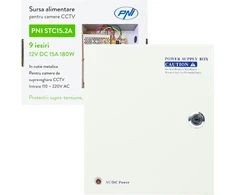 PNI STC15.2A vaizdo stebėjimo maitinimo šaltinis metalinėje dėžutėje, 12V 15A 180W, 9 išėjimai