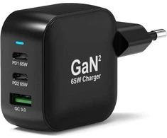 PORT CONNECT GaN2 wall charger for 2×USB-C PD and USB-A QC, 65W, Juodas