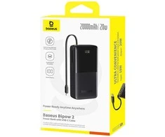 Powerbank Baseus Bipow 2 20000mah 20W su ekranėliu ir įmontuotu kabeliu USB-C - juodos spalvos