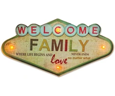 Sieninis šviestuvas TelForceone RETRO Metal Sign LED Welcome Family"Forever" šviesiai