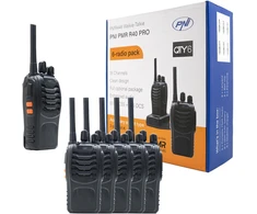 Rinkinys su 8 vienetais, 6 nešiojamos radijo stotelės PNI PMR R40 PRO, komplekte yra baterijos, įkrovikliai ir ausinės