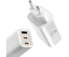 Rock laidinis įkroviklis Ice2Cube GaN – USB + 2xType C – PD 65W 3A baltos spalvos