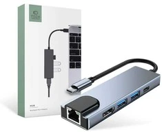 Šakotuvas 5in1 USB HUB USB-C to 2xUSB + HDMi + USB-C + LAN RJ45 Adapteris Tech-Protect V3-HUB pilkos spalvos
