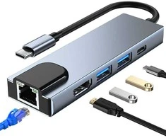 Šakotuvas 5in1 USB HUB USB-C to 2xUSB + HDMi + USB-C + LAN RJ45 Adapteris Tech-Protect V3-HUB pilkos spalvos
