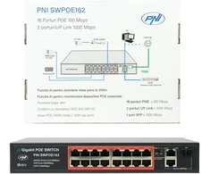 Šakotuvas POE komutatorius PNI SWPOE162, 16 POE 100 Mbps prievadų, 2 UP Link 1000 Mbps prievadai, 1 SFP 1000 Mbps prievadas, 240W, AI Extend funkcija iki 250 m, 4kV apsauga nuo žaibo