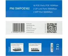 Šakotuvas POE komutatorius PNI SWPOE162, 16 POE 100 Mbps prievadų, 2 UP Link 1000 Mbps prievadai, 1 SFP 1000 Mbps prievadas, 240W, AI Extend funkcija iki 250 m, 4kV apsauga nuo žaibo