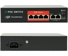 Šakotuvas POE komutatorius PNI SWPOE42, 4 POE 100 Mbps prievadai ir 2 UP Link 100 Mbps prievadai, 65W, AI Extend funkcija iki 250m, 4kV apsauga nuo žaibo