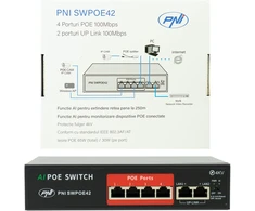 Šakotuvas POE komutatorius PNI SWPOE42, 4 POE 100 Mbps prievadai ir 2 UP Link 100 Mbps prievadai, 65W, AI Extend funkcija iki 250m, 4kV apsauga nuo žaibo