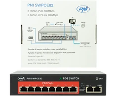 Šakotuvas POE komutatorius PNI SWPOE82, 8 POE 100 Mbps prievadai ir 2 UP Link 100 Mbps prievadai, 120W, AI Extend funkcija iki 250m, 4kV apsauga nuo žaibo