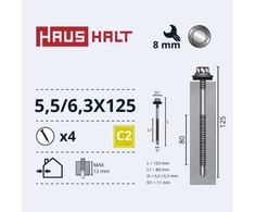 Savisriegiai Haushalt, DIN 7504K, 5,5/6,3 x 125 mm, 4 vnt.