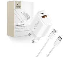 Tech-Protect NCA45W-GAN 2-PORT laidinis įkroviklis PD 45W / QC3.0 + TYPE-C kabelis baltos spalvos