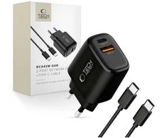 Tech-Protect NCA45W-GAN 2-Port laidinis įkroviklis PD 45W / QC3.0 + Type-C kabelis juodos spalvos