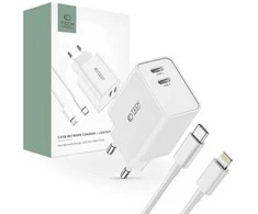 Tech Protect Sieninis įkroviklis 2x USB-C PD 35W + Cable USB-C – Lightning baltos spalvos