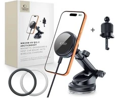 Tech-Protect V9 ArcticBoost magnetic MagSafe dashboard & vent automobilinis laikiklis su belaidžiu įkrovimu 25W QI2.2 juoda