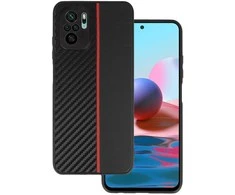 Tel Protect CARBON dėklas skirtas Xiaomi Redmi Note 10/Note 10S/Poco M5S juodos spalvos with red stripe